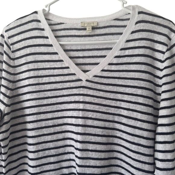 TALBOTS Women's MEDIUM Sweater White Blue Linen Tunic Beach Coastal Nautical - Picture 6 of 7